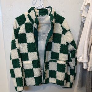 Green and White Checkered Fleece Jacket
